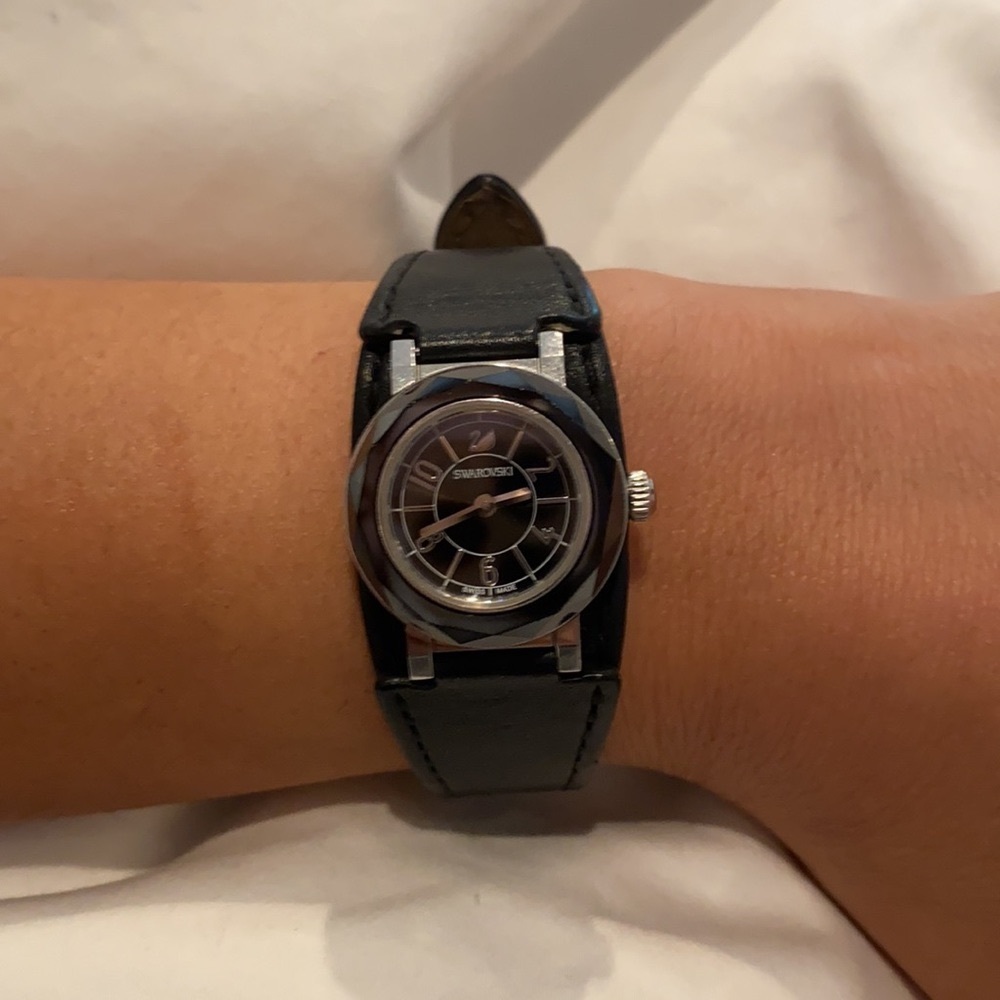 Leather Swarovski watch w/black Swarovski crystal